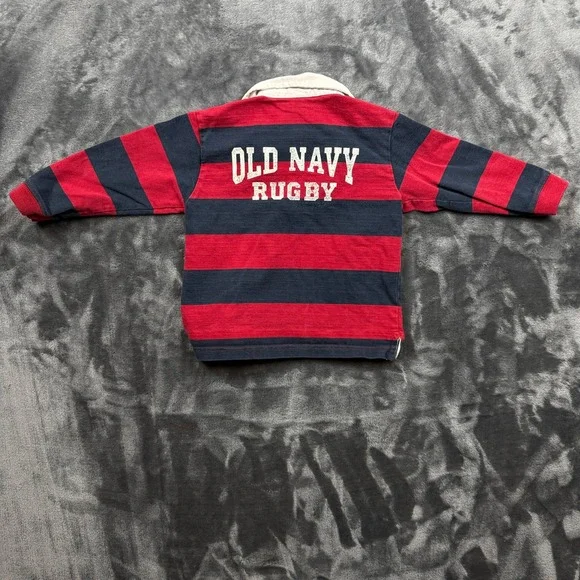 Old Navy Rugby Polo Shirt Baby 2T Red Navy Blue Striped Long Sleeve Graphic - Picture 7 of 7